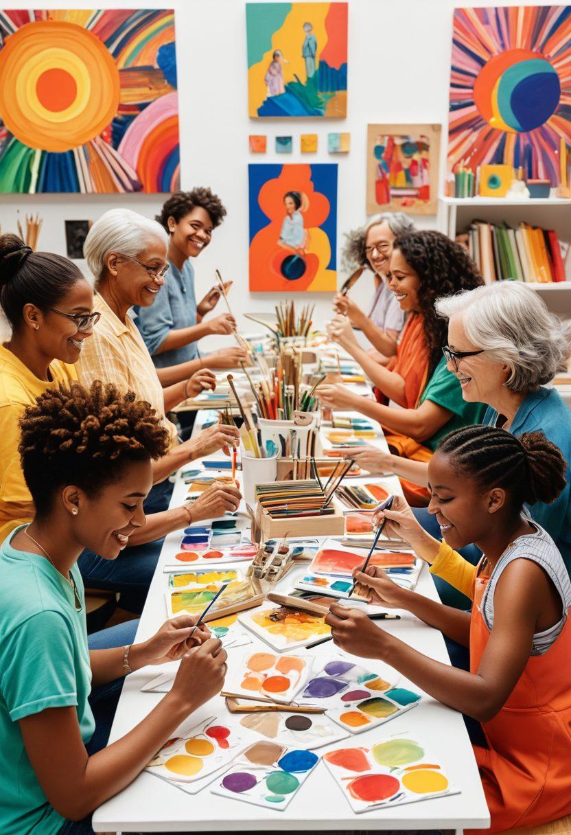 A vibrant collage showcasing hobbyists engaged in various creative activities, like painting, crafting, and playing musical instruments. Include a diverse group of people sharing ideas and smiles, surrounded by colorful art supplies and finished projects. The scene should exude warmth and connection, reflecting a strong sense of community. super-realistic. vibrant colors. white background.