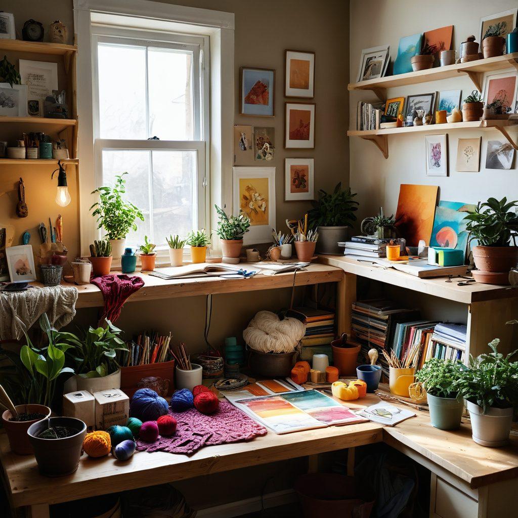 A cozy and inviting workspace filled with various hobby supplies: paints, knitting yarn, gardening tools, and a musical instrument, all bathed in warm sunlight. A person of diverse descent is seen joyfully engaged in their favorite craft, surrounded by unfinished projects and inspiration boards filled with colorful pictures. Soft textures and vibrant colors add warmth and creativity, evoking a sense of excitement and passion for hobbies. super-realistic. vibrant colors. warm lighting.