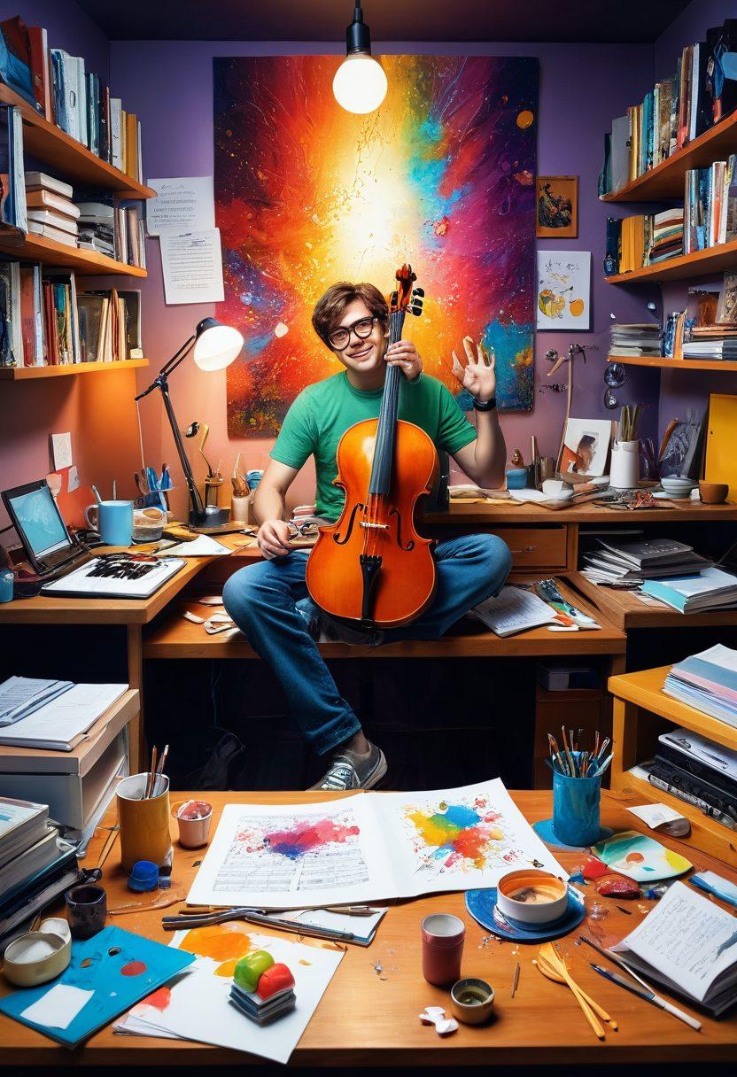 A dynamic split-scene image showing a person progressing from a beginner to an expert in various leisure activities like painting, cooking, and playing a musical instrument. The left side depicts a cluttered workspace with failed attempts and a confused expression, while the right side showcases a vibrant, organized area filled with finished products and a confident smile. Incorporate elements like a light bulb moment above their head, symbolizing skill growth. colorful illustration. vibrant colors. engaging and uplifting.